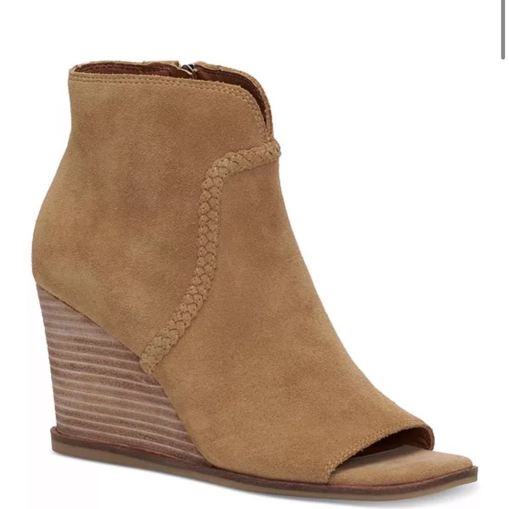 Lucky Brand Tan Suede Peep-Toe Wedge Booties